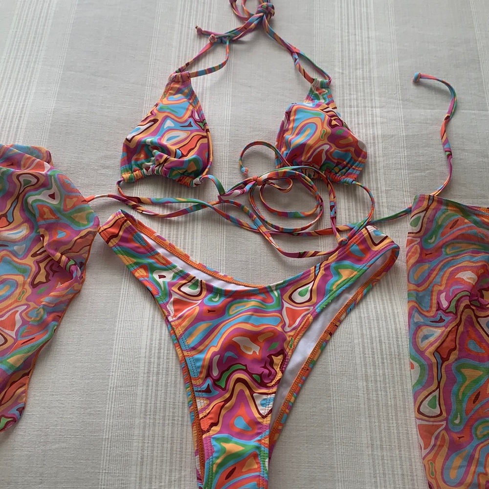 Printed 4 piece Bikini Set (Top, Bottom, Coverup, and Bandana)